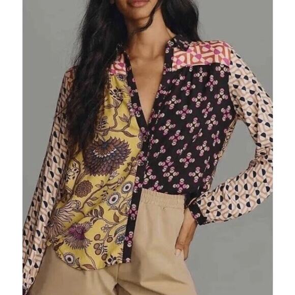 New Maeve x Anthropologie PAZ Button Down 1X Multicolored Floral Abstract Blouse - Picture 1 of 12